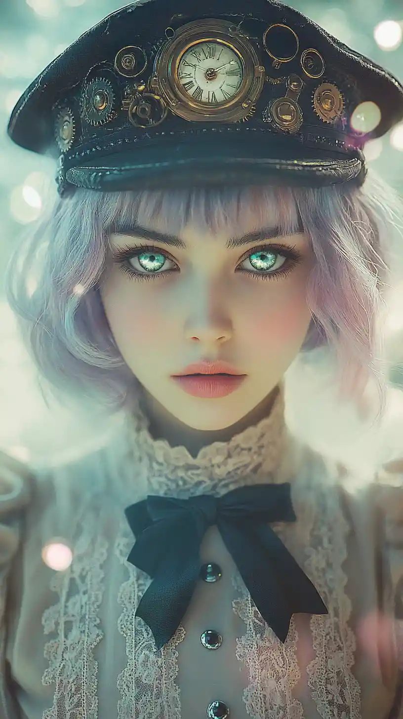 Steampunk girl with violet hair in dreamy watercolor portrait