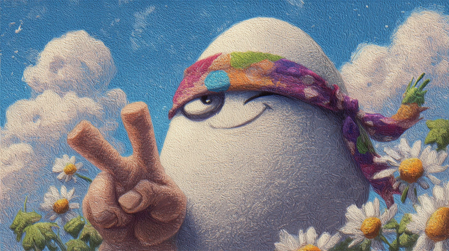 Playful egg character flashing a peace sign in sunshine