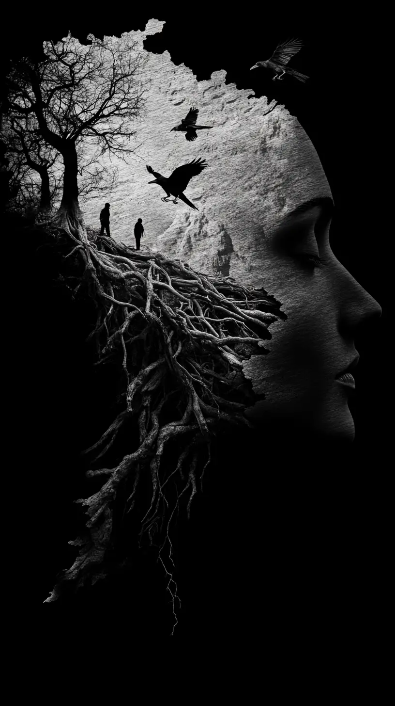 Human profile silhouette filled with collapsing organic forms