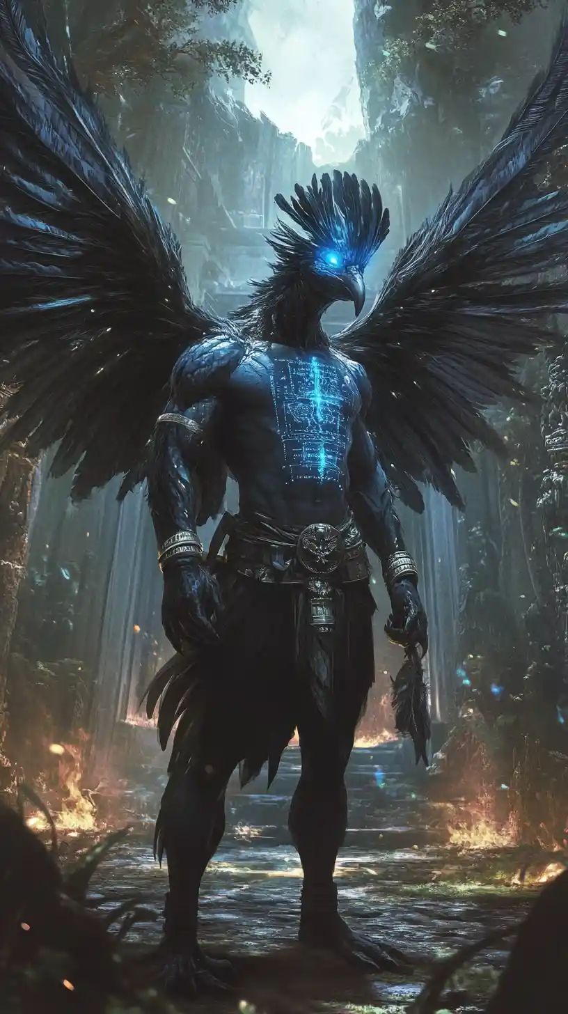 Mythic bird warrior towering before an ancient jungle temple