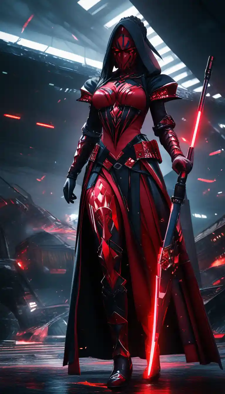 Sci fi woman in dark armor with red lightsaber