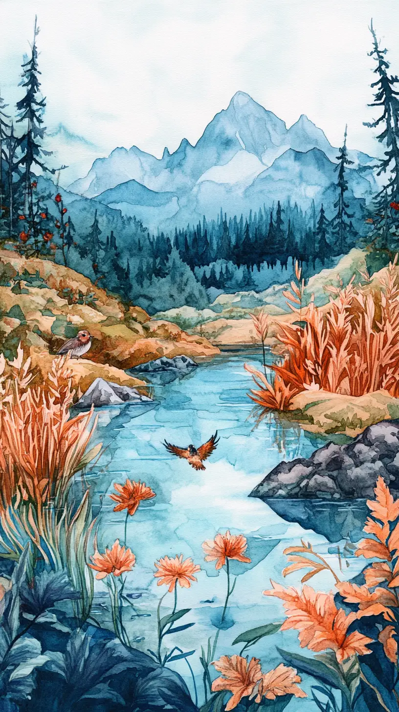 Watercolor mountain landscape with stream reeds and marmot