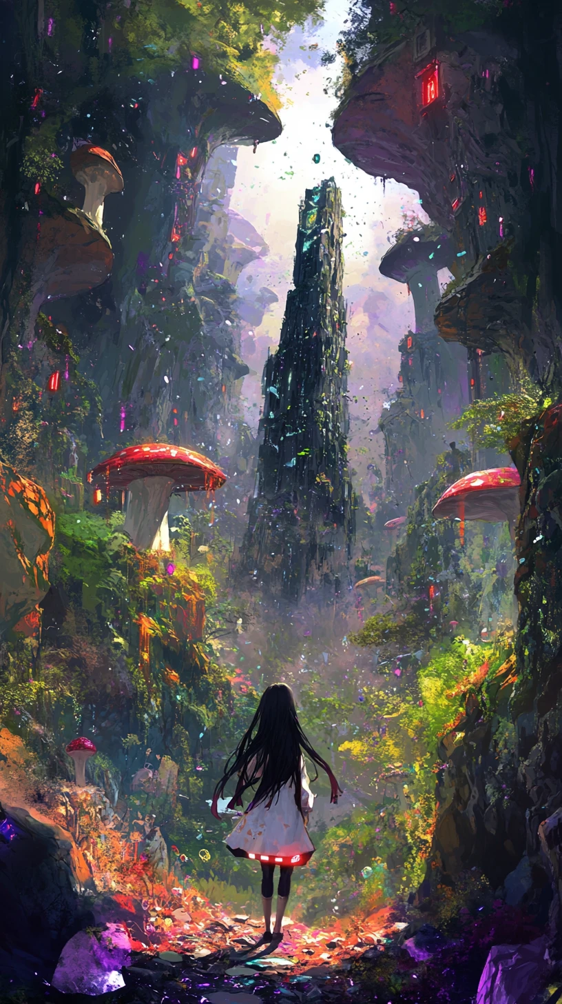 Anime girl watching a shattered world in fantasy forest