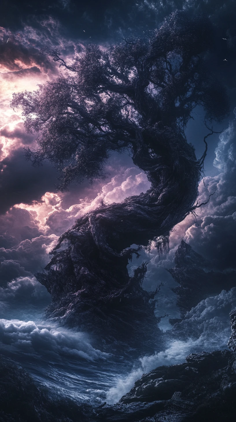 Dark vision of nature with trees and gathering clouds