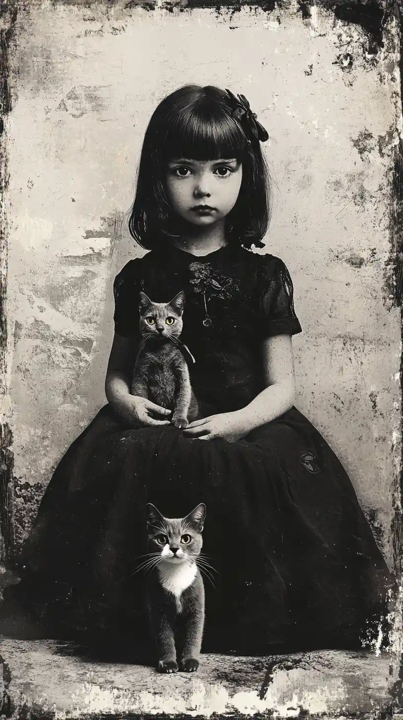 Seated girl beside her doll double in surreal scene