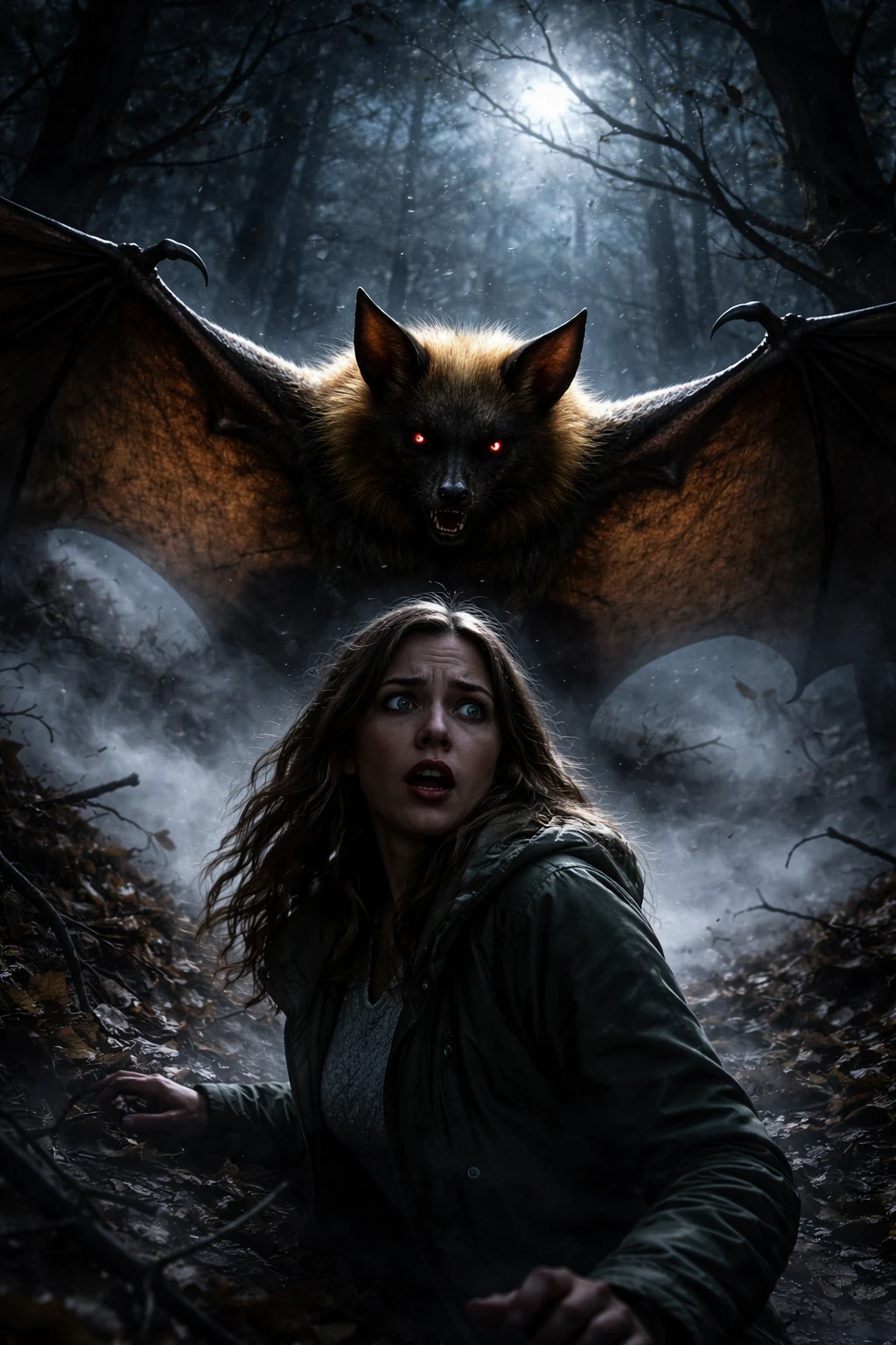 Giant bat descends behind a terrified woman in forest night