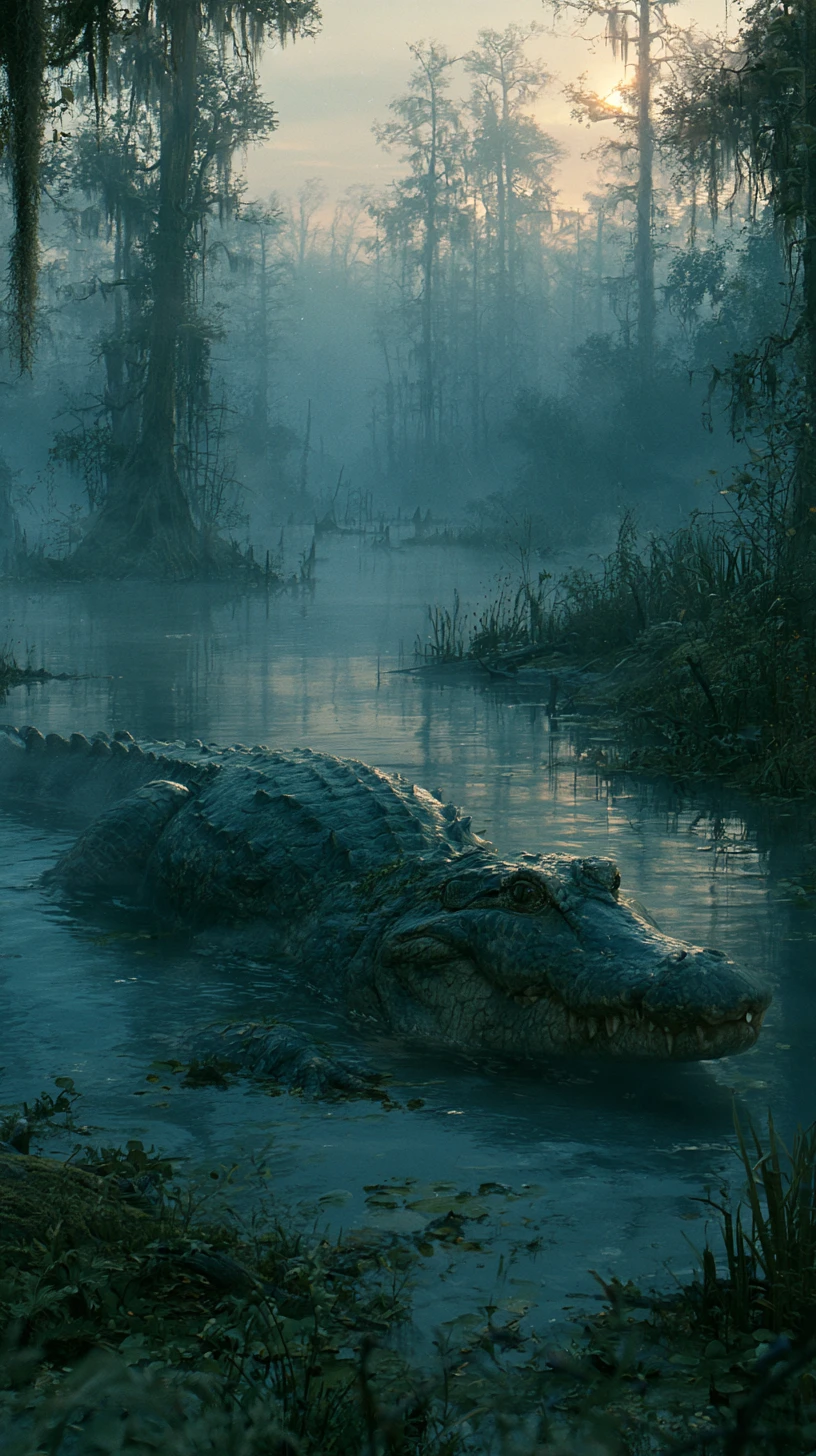 Alligator lurking quietly in a dusky swamp scene