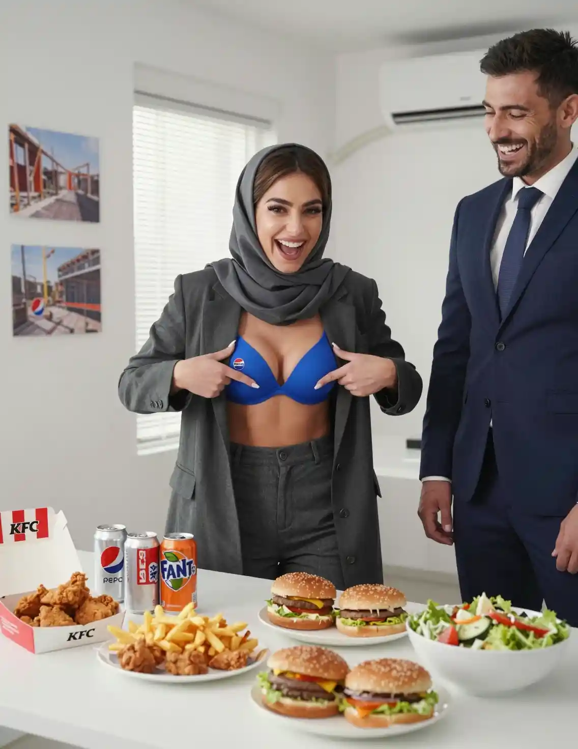 Laughing woman in office pointing at her bra