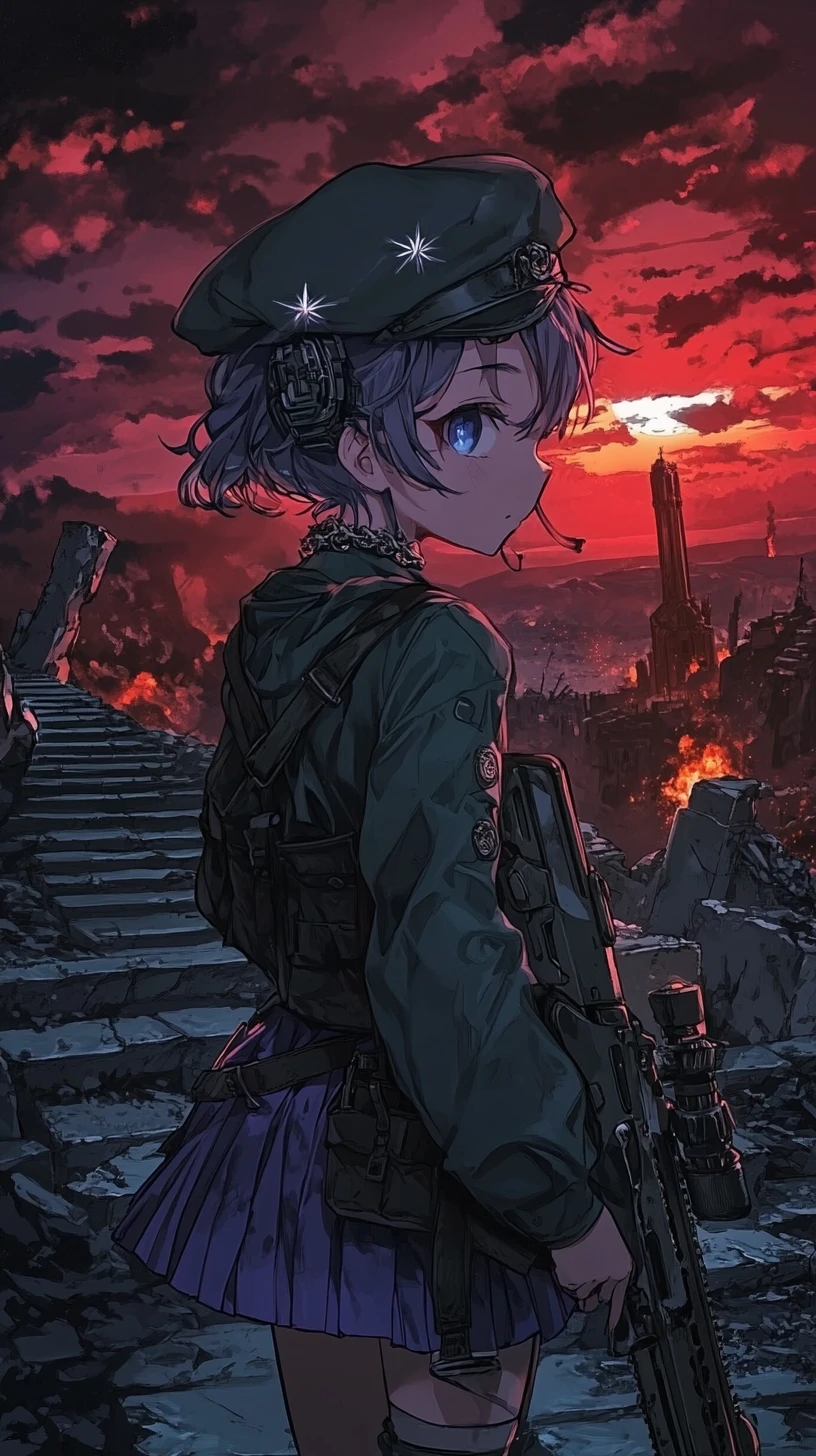 Girl walking up stone stairs at dusk with lanterns