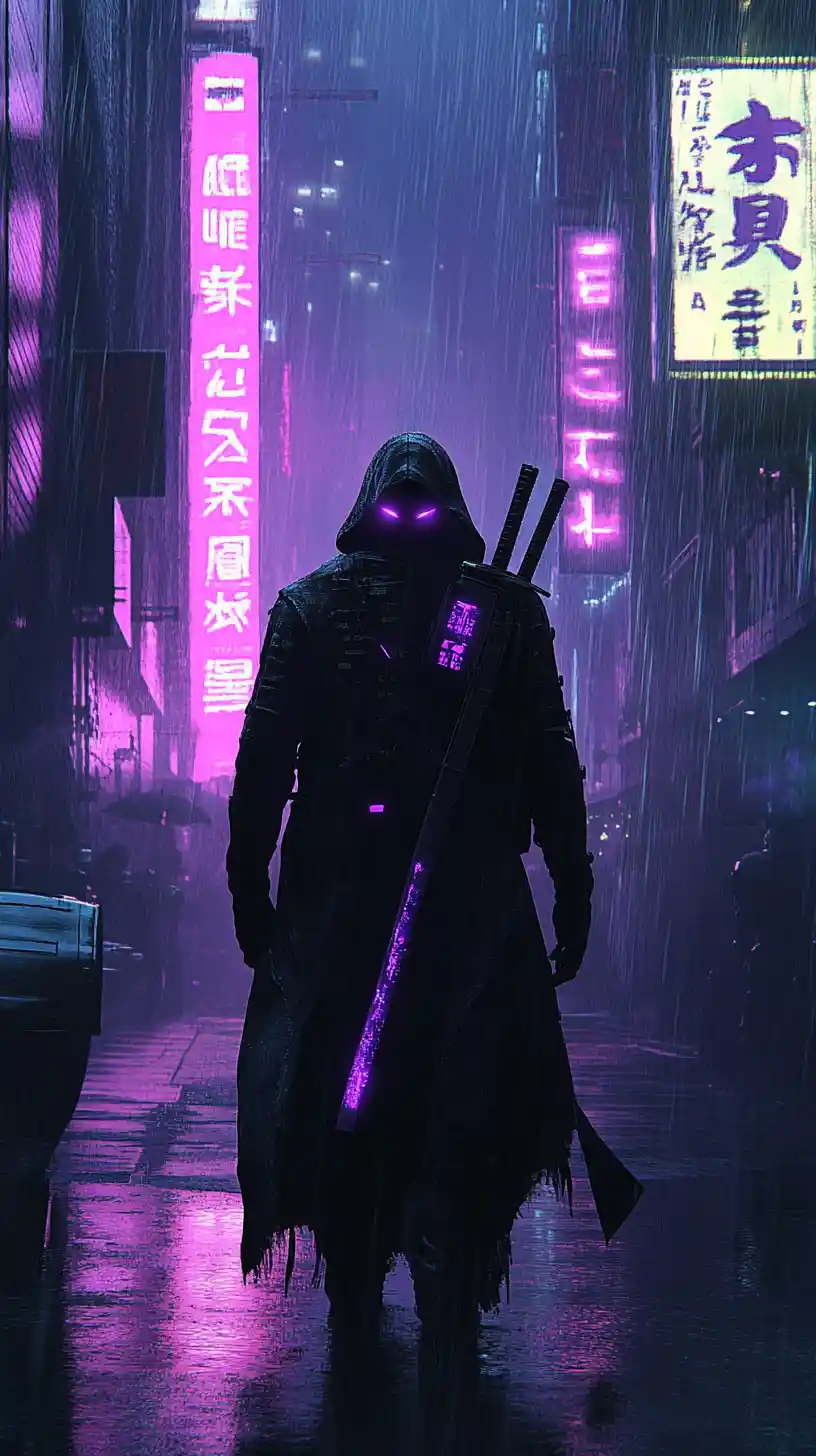 Cyberpunk ninja with katana in rainy neon city