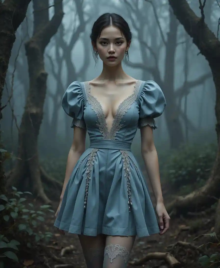 Woman in blue couture dress in misty forest