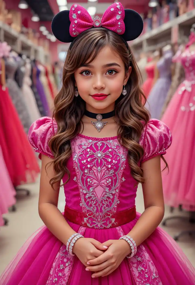 Giovane ragazza con abito rosa di Minnie in interno boutique