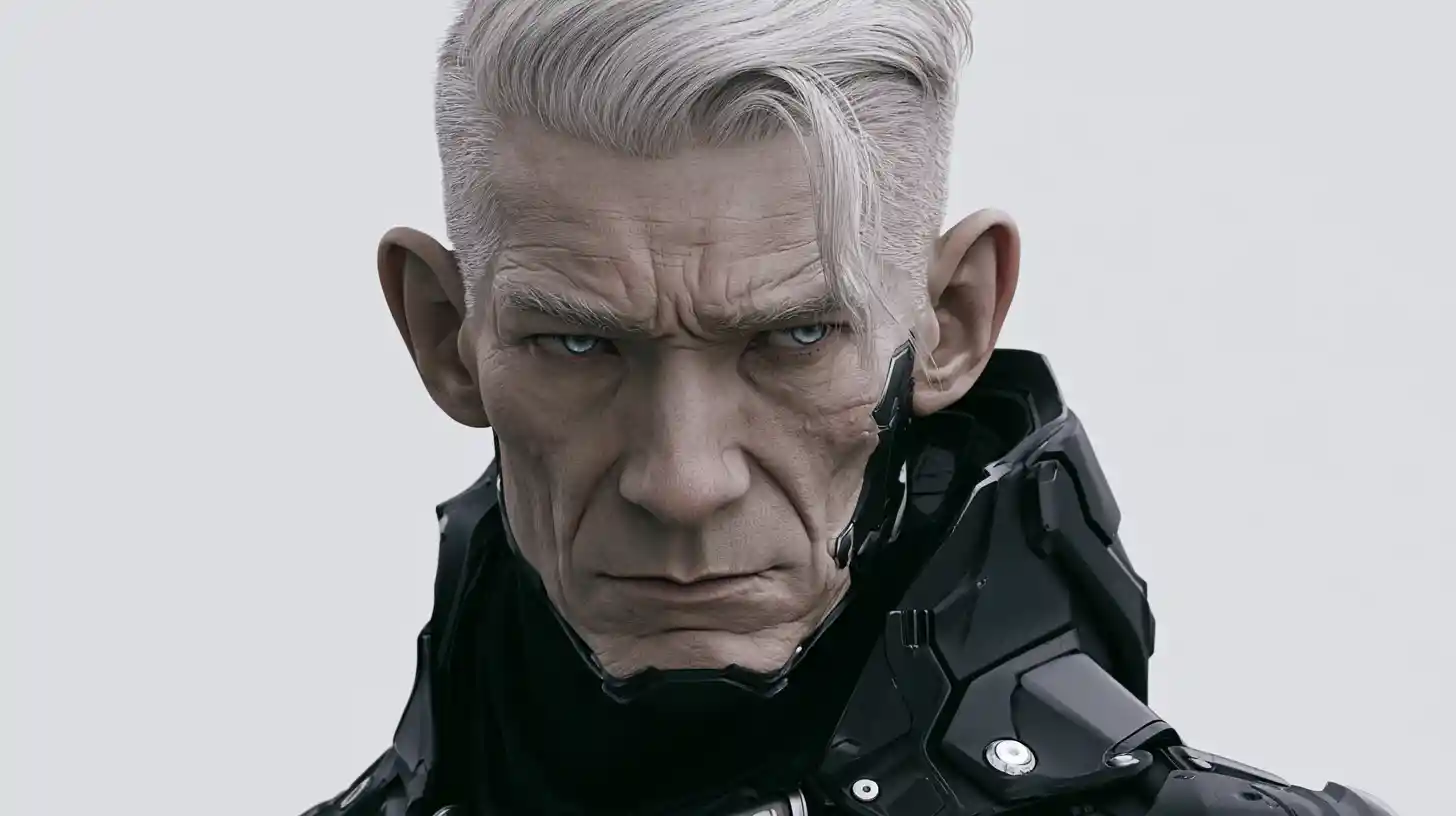 Elderly man in futuristic cyber suit inside a spaceship