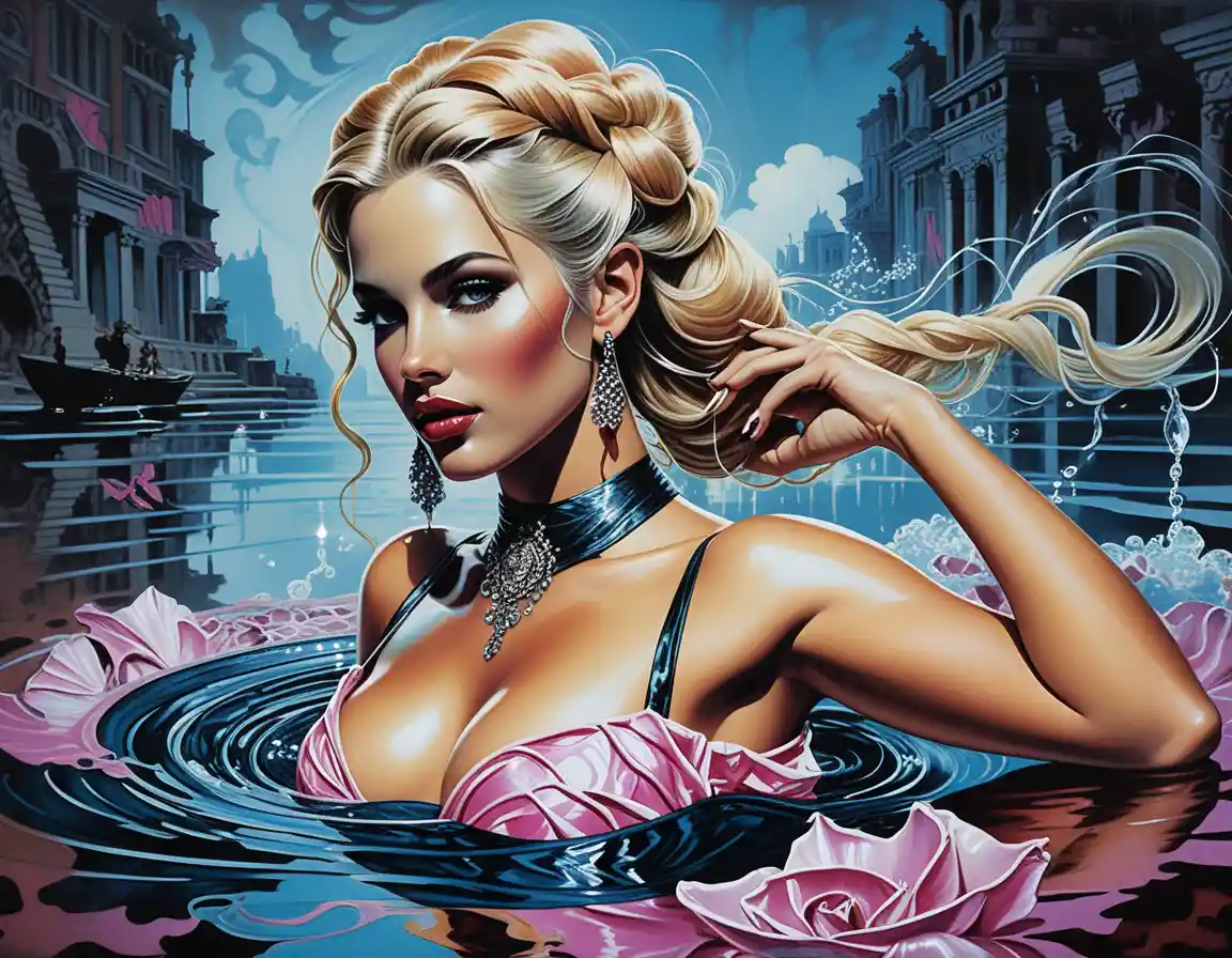 Ethereal tanned water goddess emerging from rippling waves