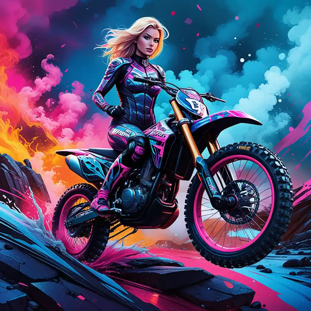 Confident blonde motocross woman with neon dirt bike