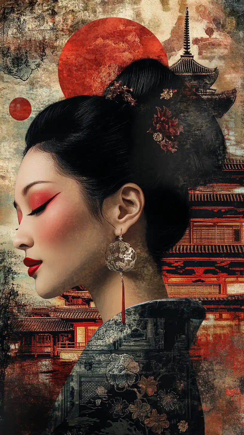Serene Asian Woman Portrait With Red Accents And Japanese Motifs