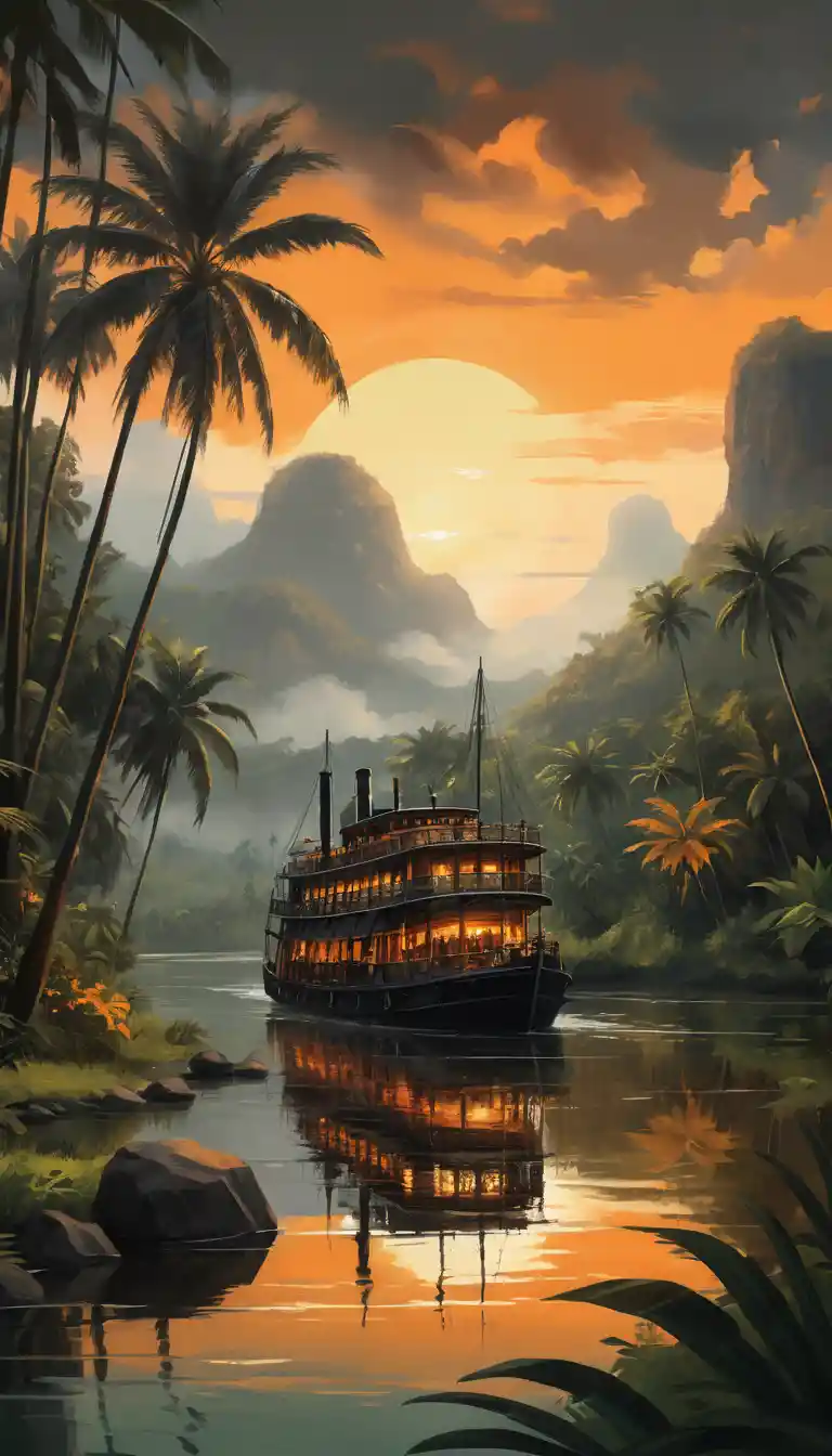 Majestic steamboat gliding along a jungle river at sunset