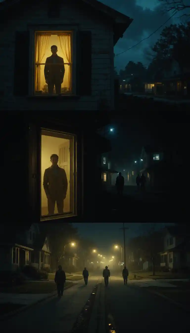 Quiet suburban street with a single glowing house window