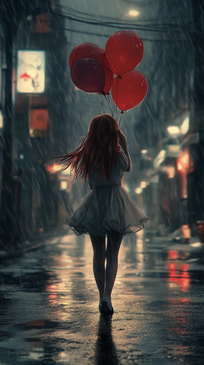 Young girl with red balloons on a rainy city street