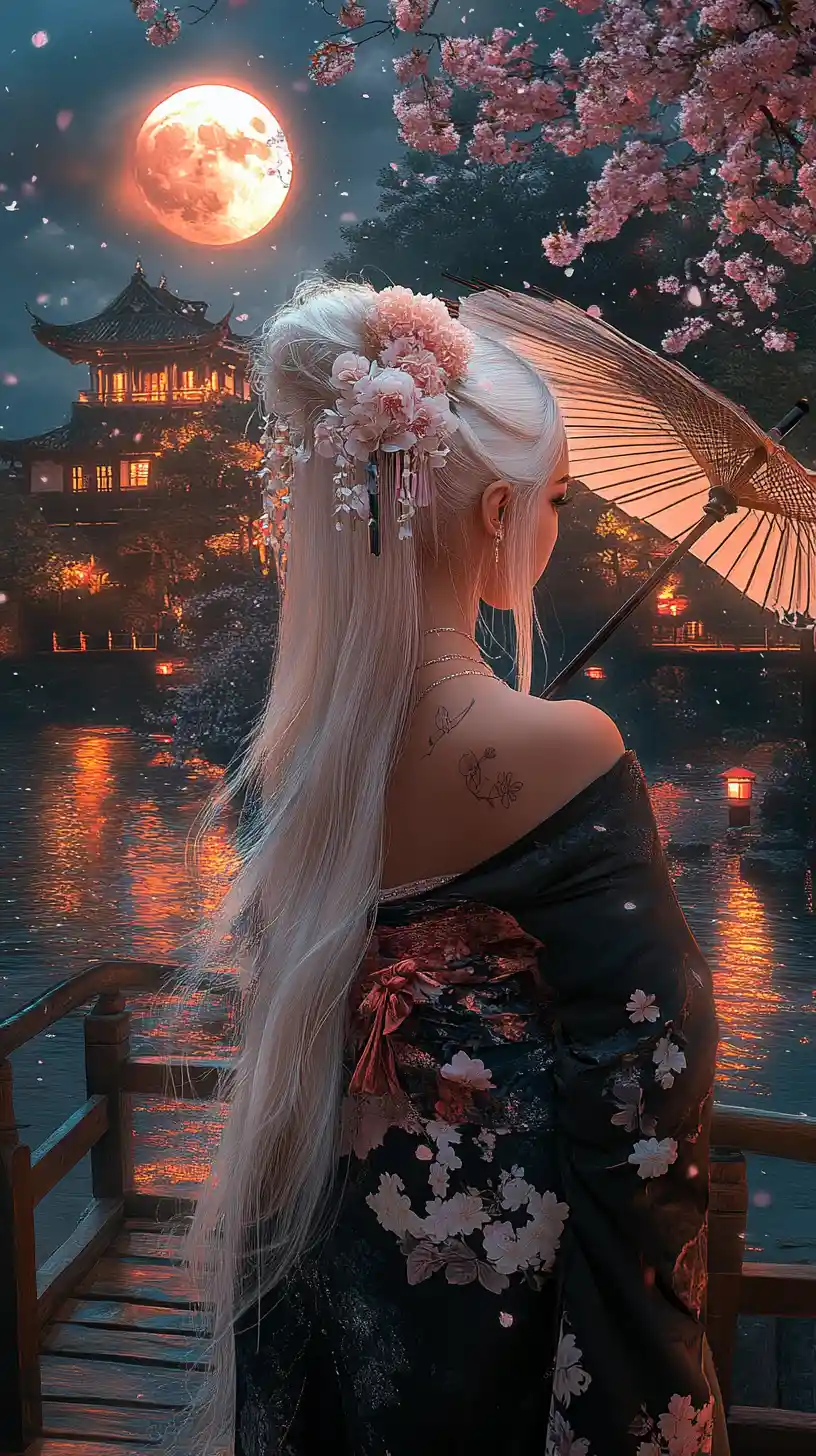 White haired woman on a moonlit bridge in kimono