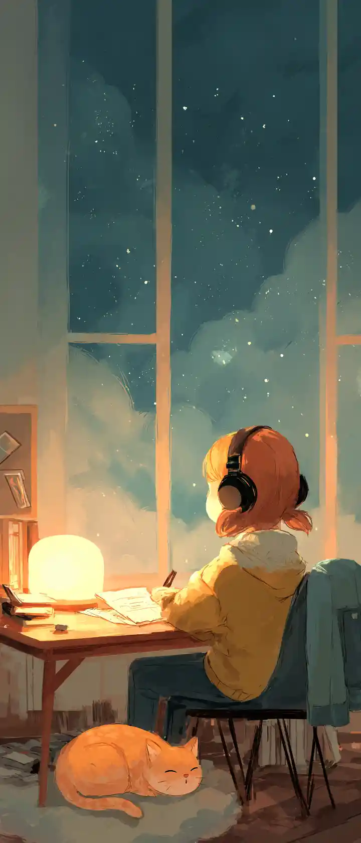 Student studying at night in a cozy moonlit room