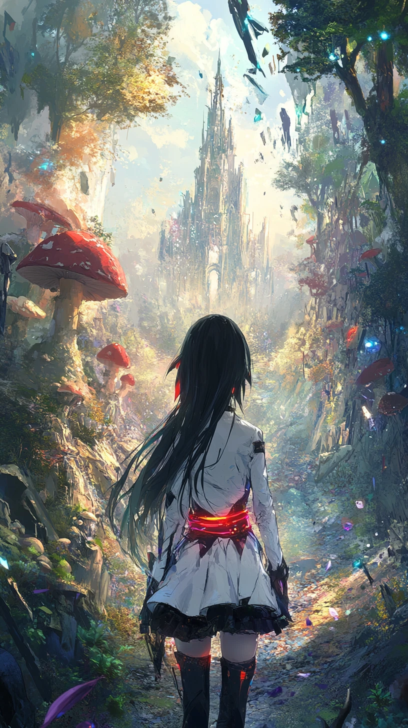 Anime girl watching her world shatter in a fantasy forest