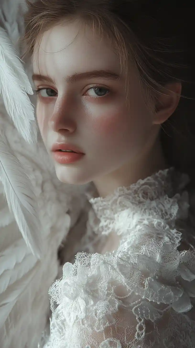 Melancholic angelic girl in lace with vast white wings