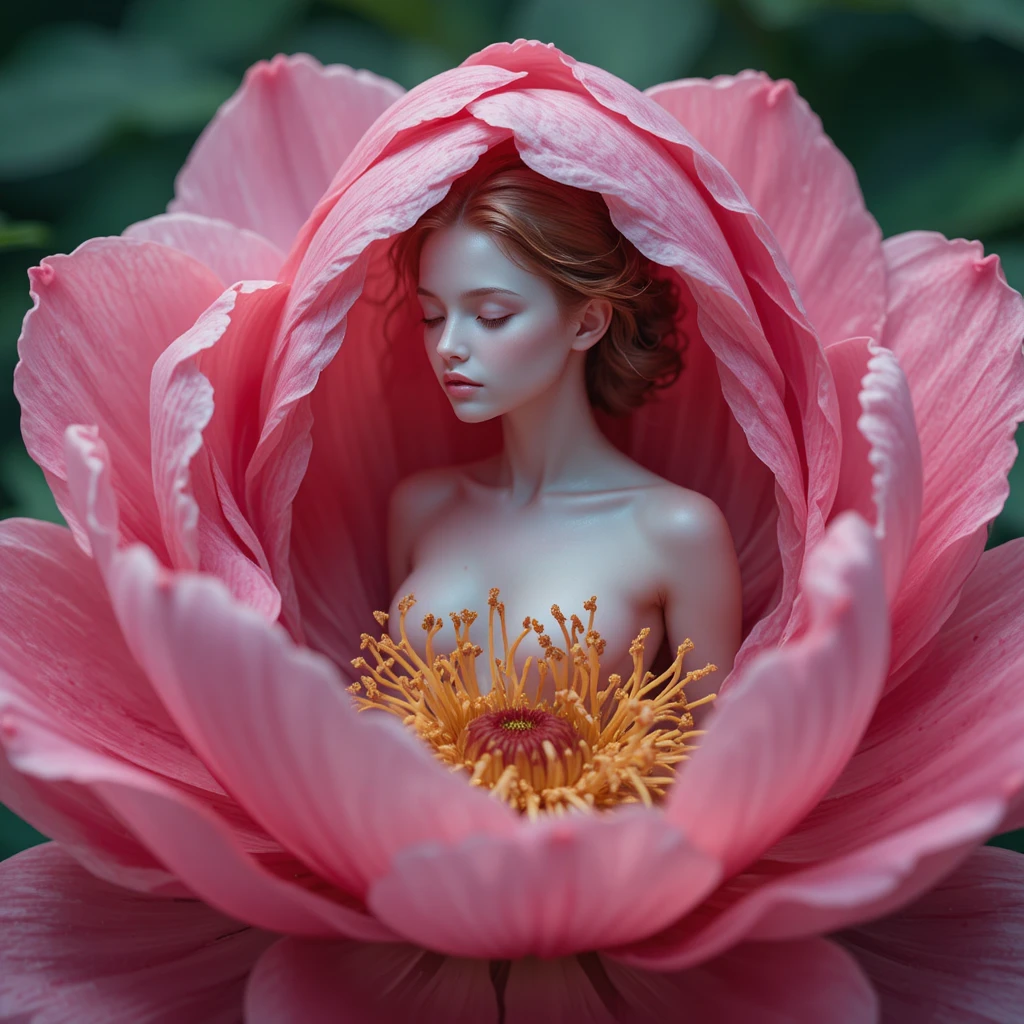 Ethereal woman emerging from the heart of a pink flower