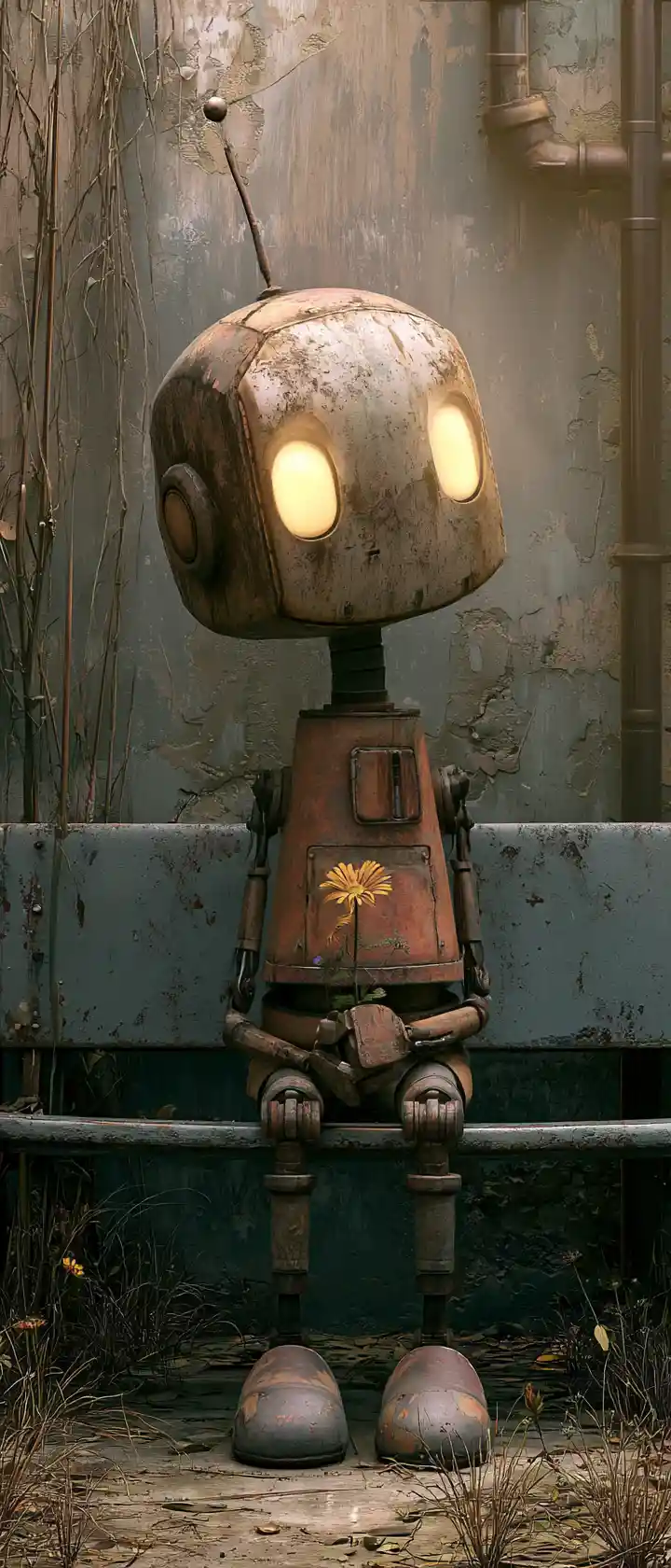 Robot child on bench holding flower by an old wall