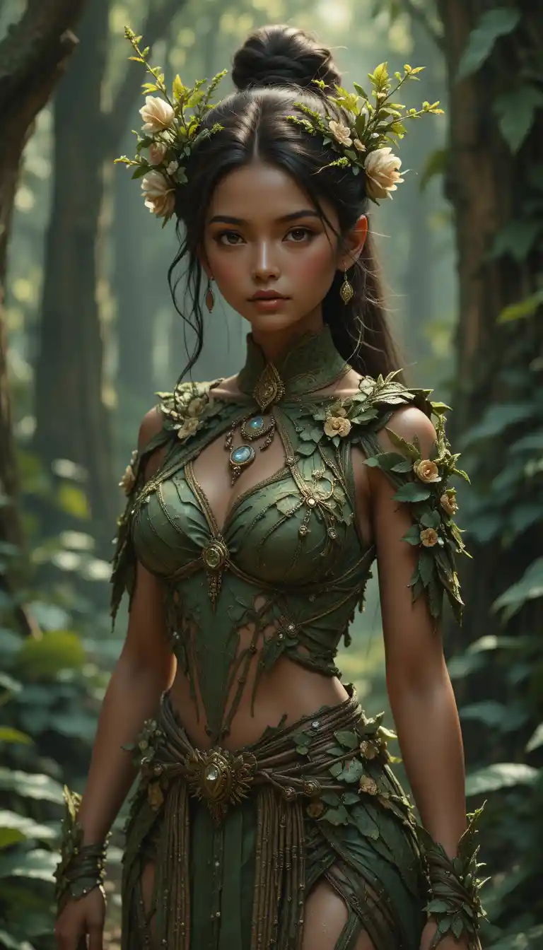 Forest princess with green hair in natural woven attire