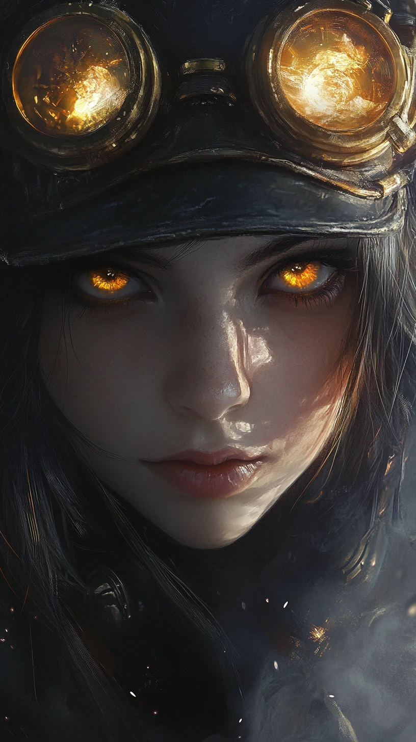 Steampunk anime girl portrait with glowing amber eyes