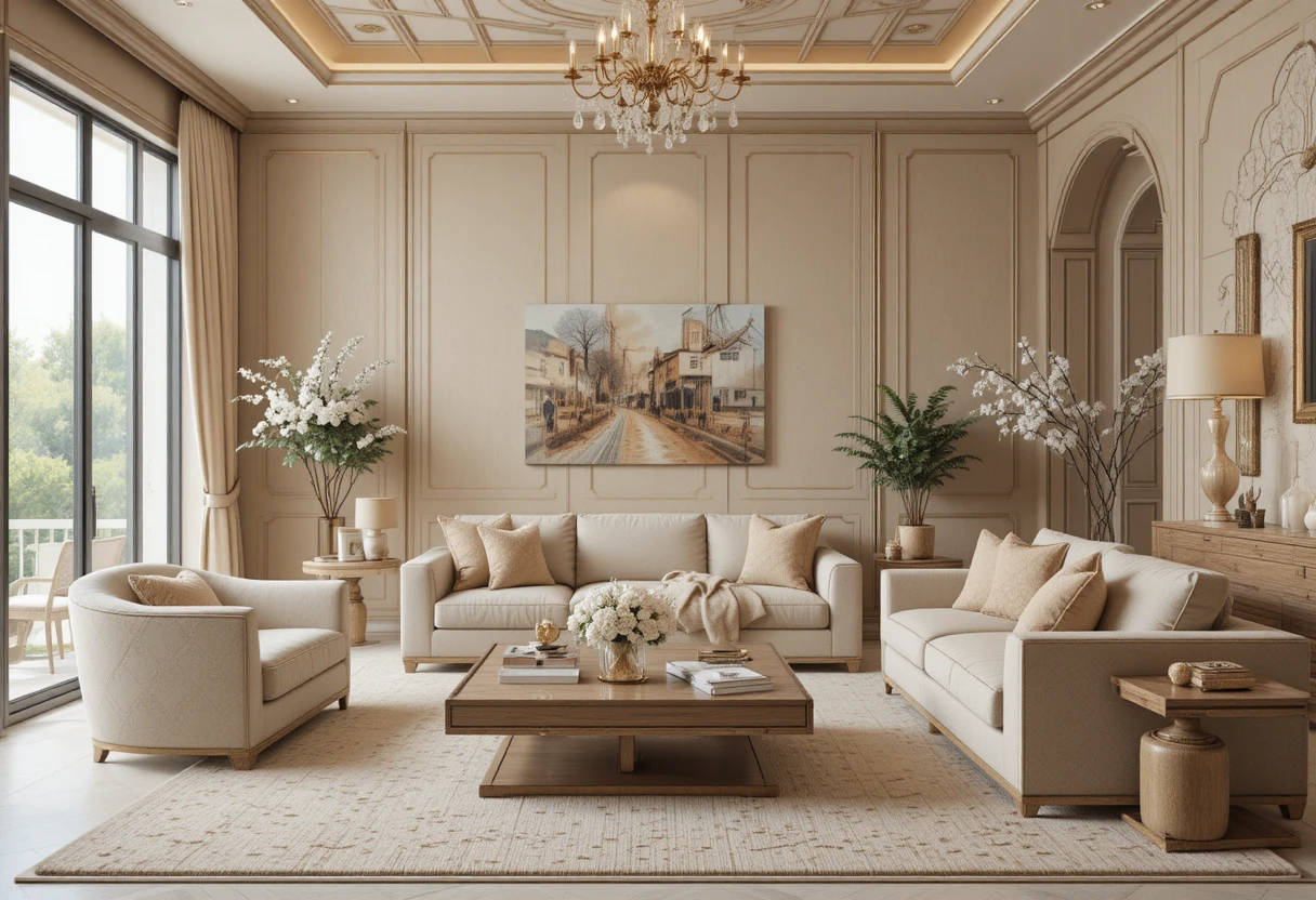 Bohemian living room interior with creamy beige accessories