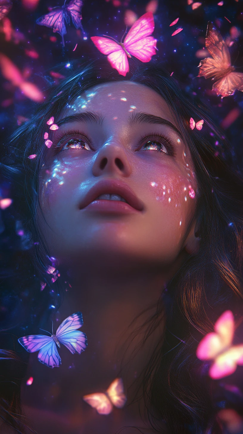 Dreamy girl surrounded by glowing neon fantasy butterflies