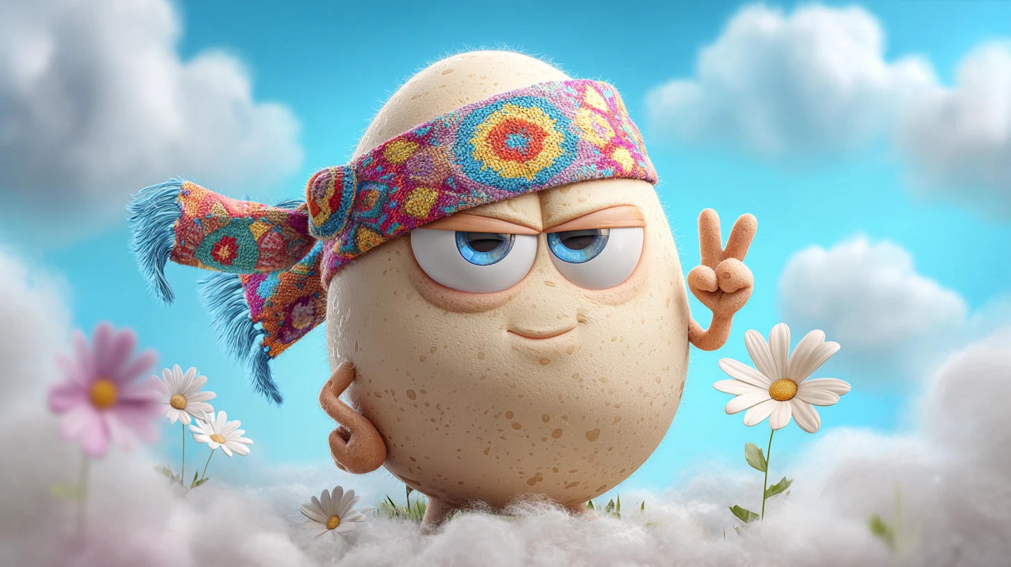 Laid back egg character flashing a playful peace sign