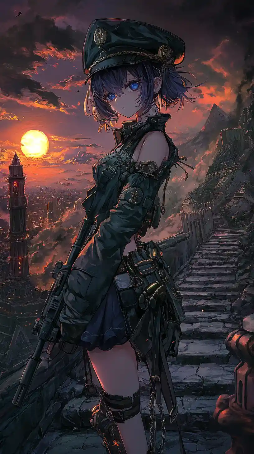 Girl walking up stone stairs at dusk in war ruins