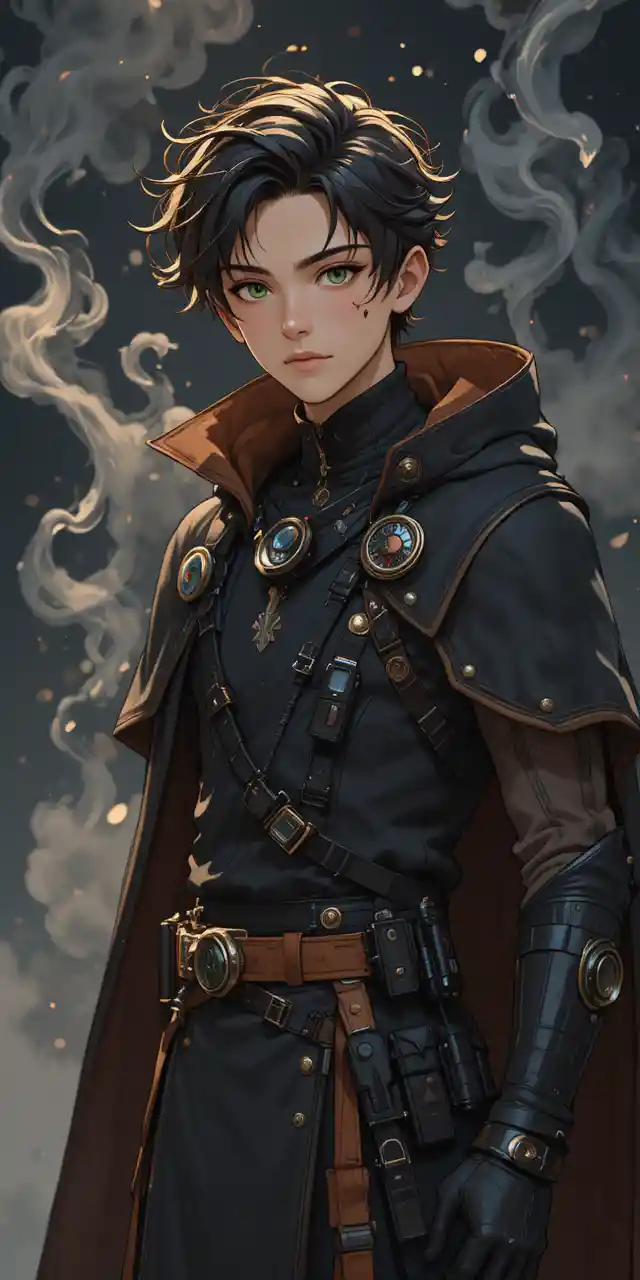 Cunning young anime rogue with green eyes and dark hair