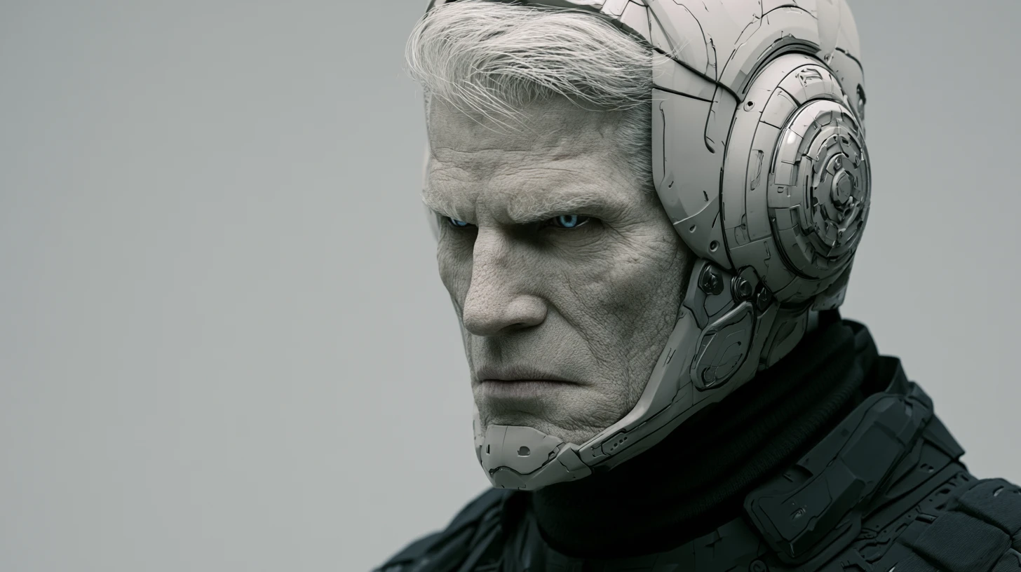 Older man in futuristic cyber suit inside a spaceship