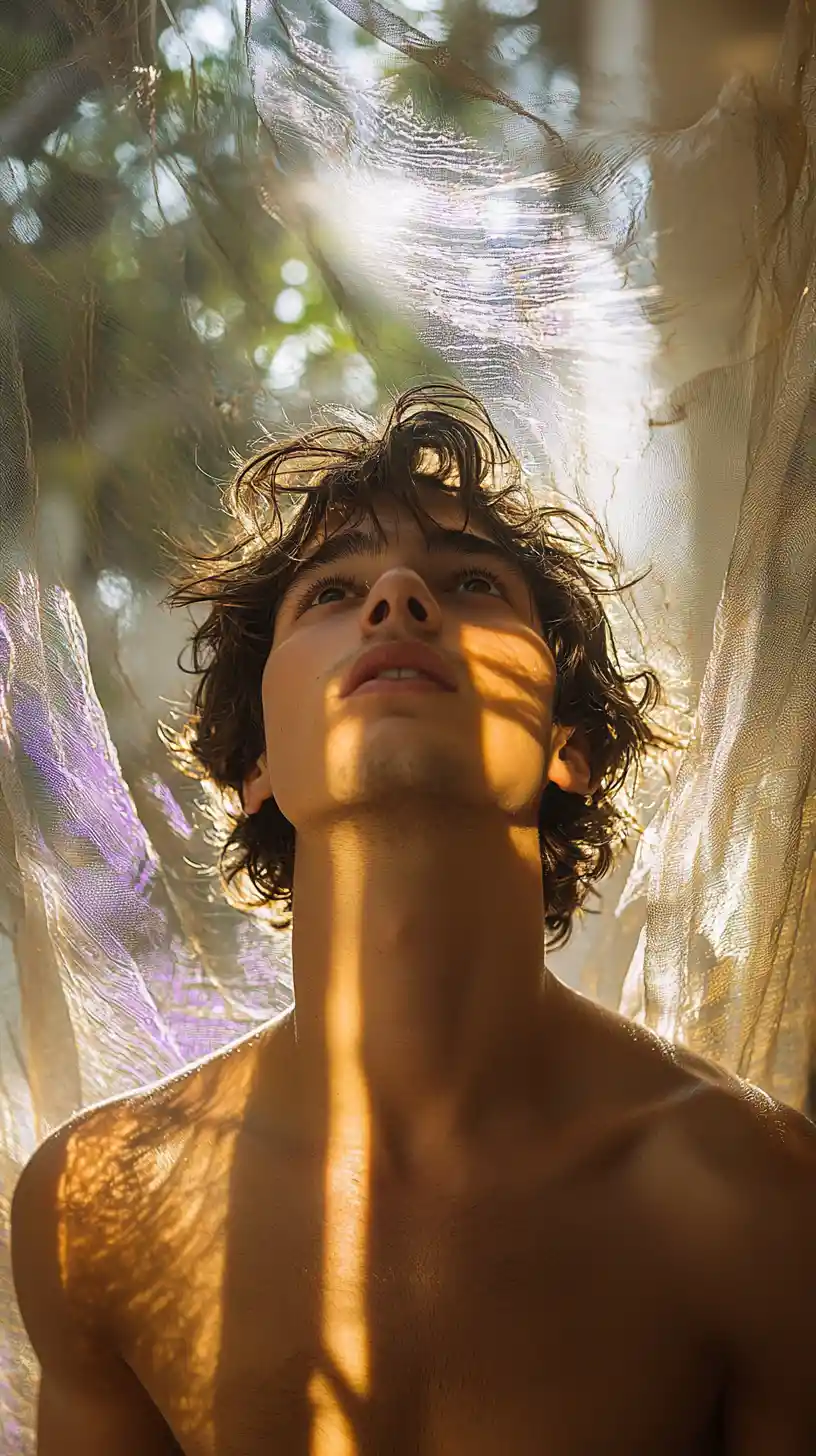 Serene young man gazing upward on a sunny balcony