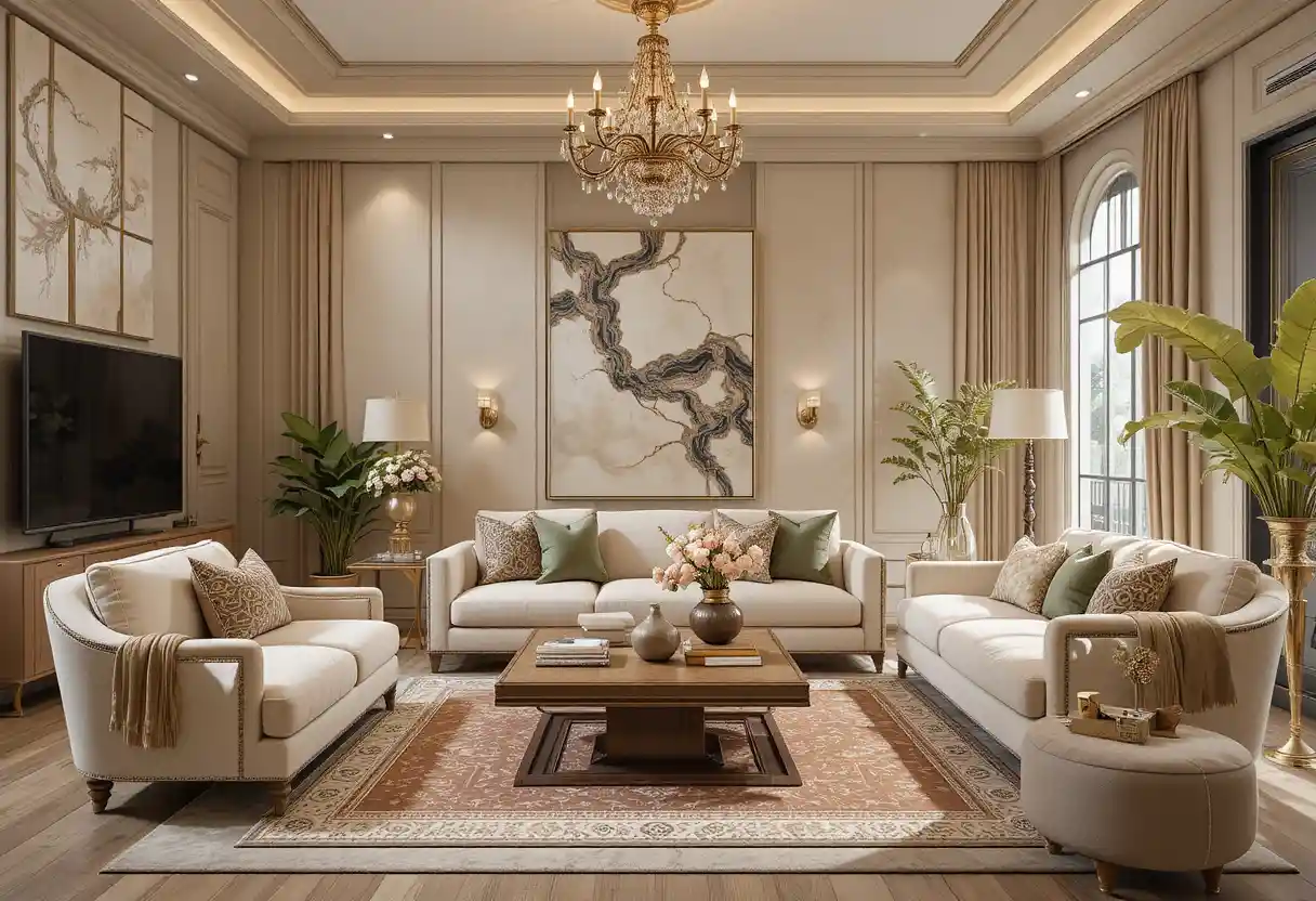 Bohemian living room design with soft beige accessories