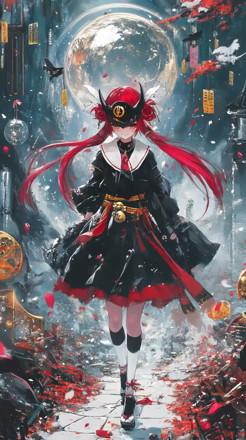 Anime girl in black coat with mask and crystal details