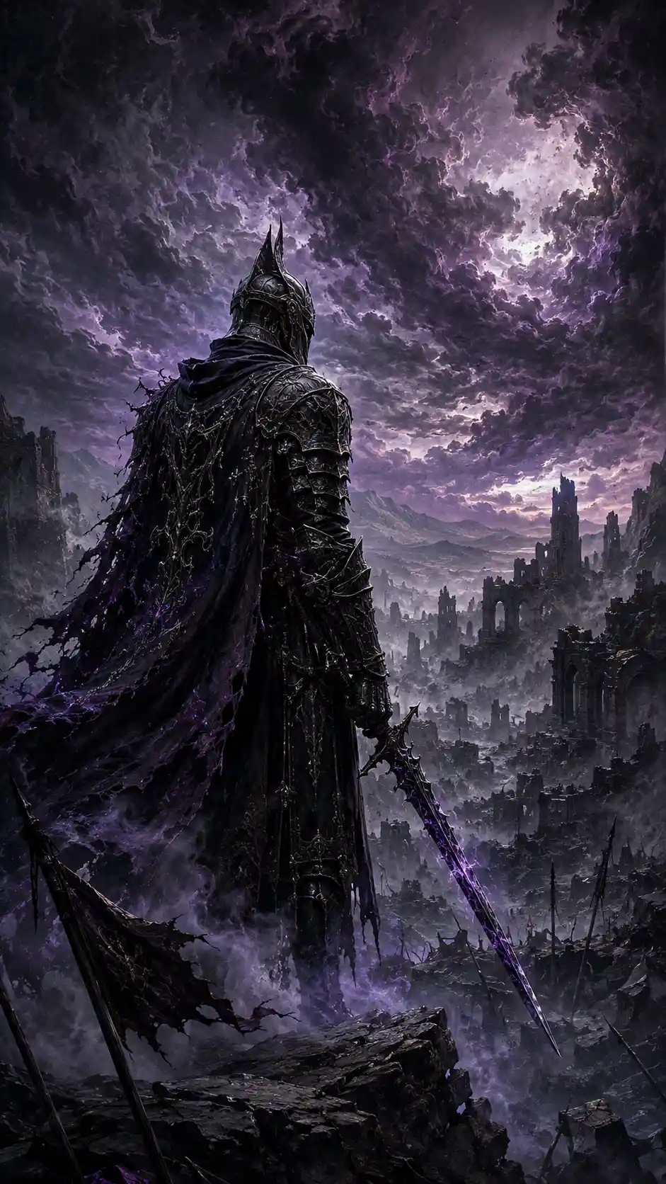 Lone warrior on the edge of a misty ruined battlefield