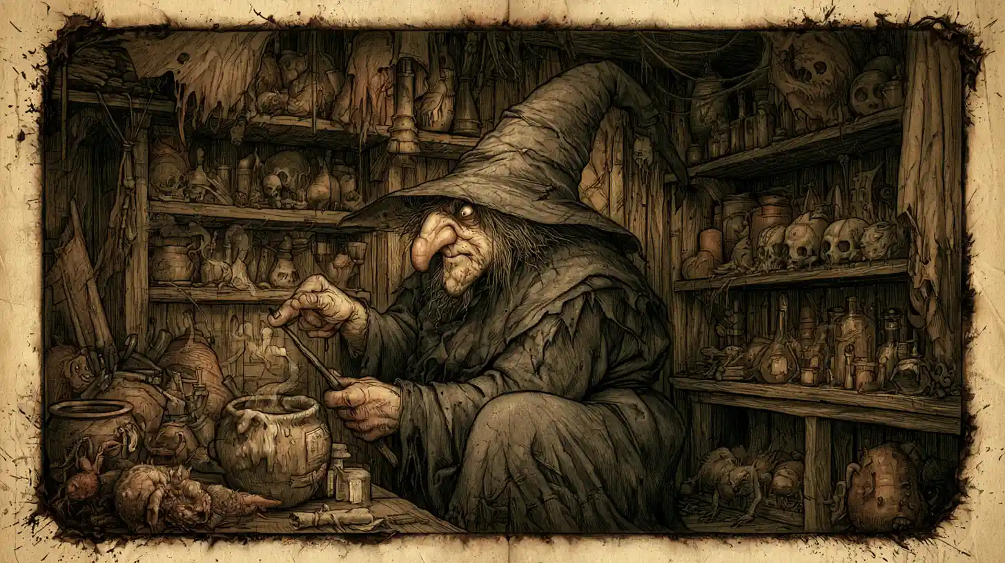 Sinister witch brewing a dark potion in cluttered lair