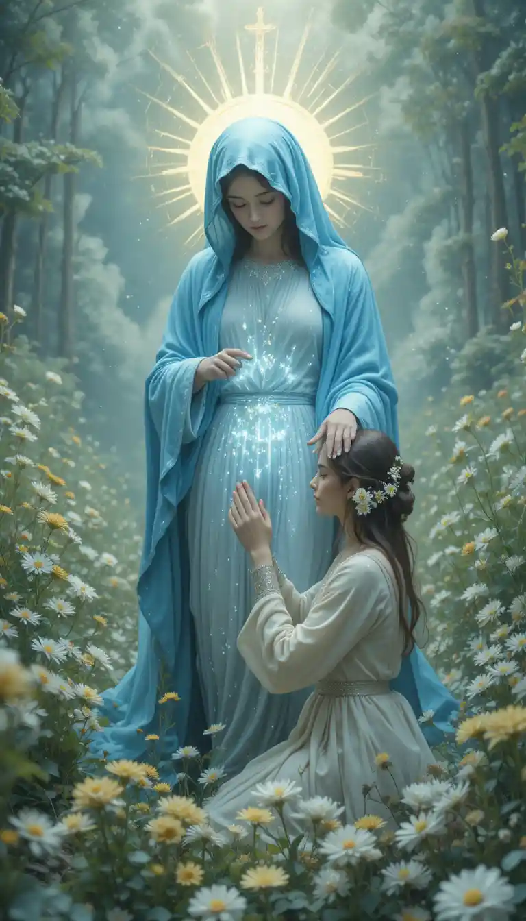 Woman kneeling in prayer beside luminous holy figure