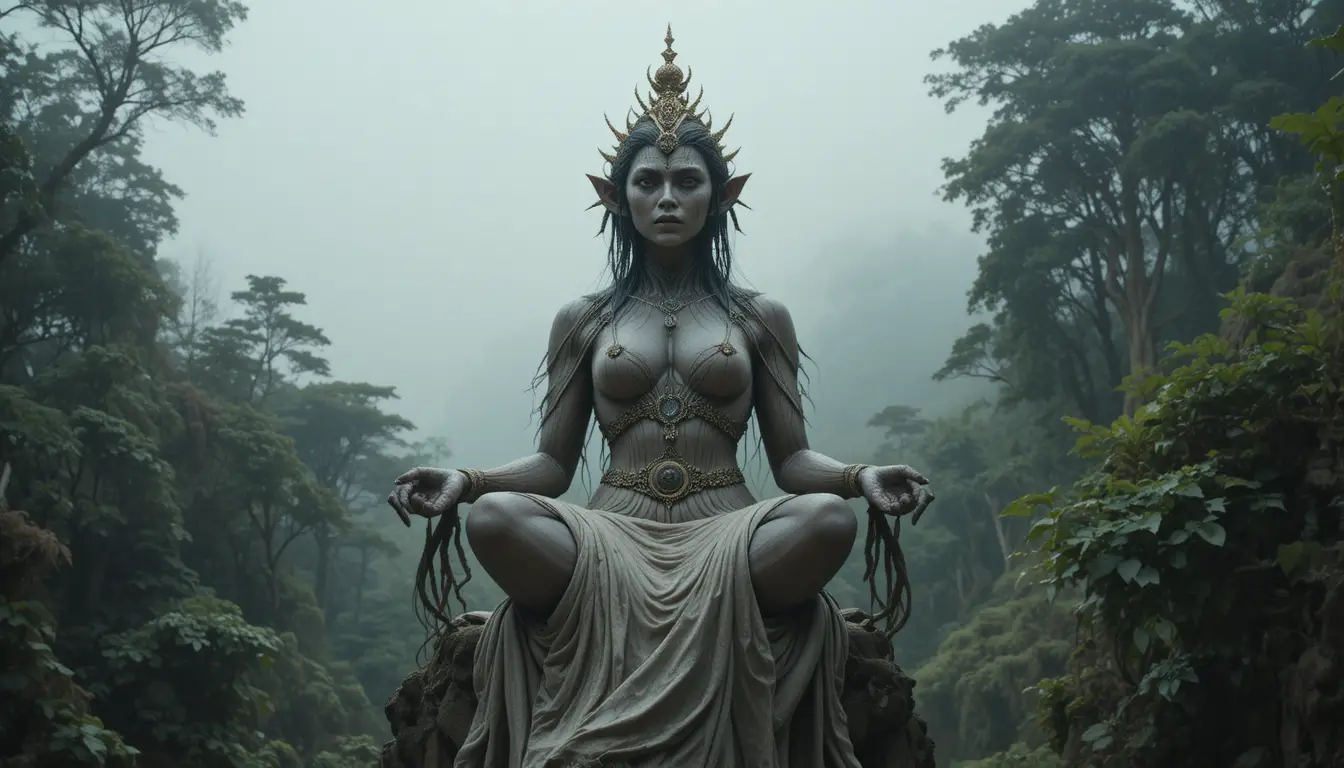 그늘진 숲 위에 앉은 신성한 유인원 수호자