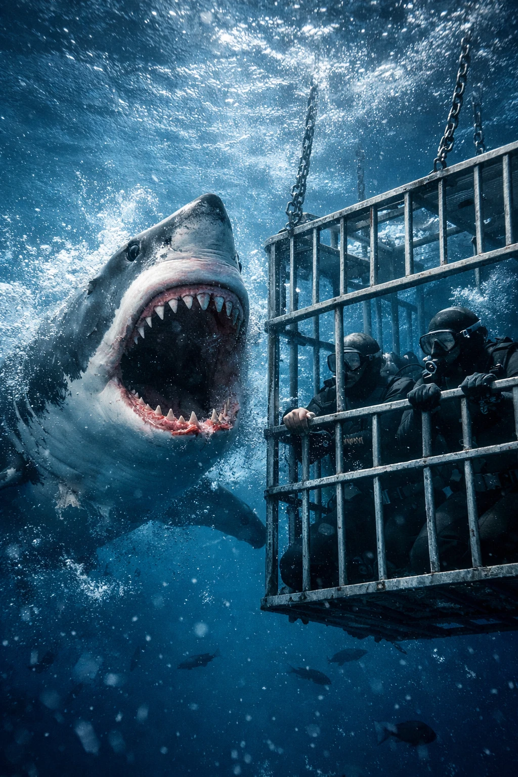 Great white shark attacking divers in an underwater cage