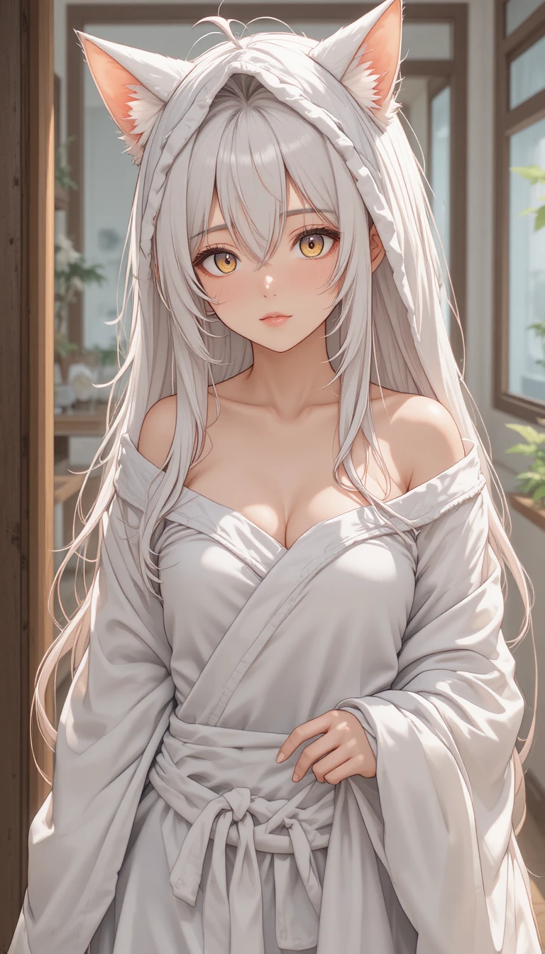 Anime neko girl in towel walking through a home interior