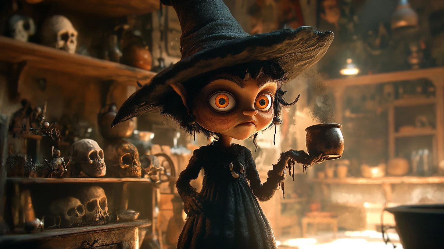 Sinister Witch Brewing A Potion In A Dark Conjuring Room