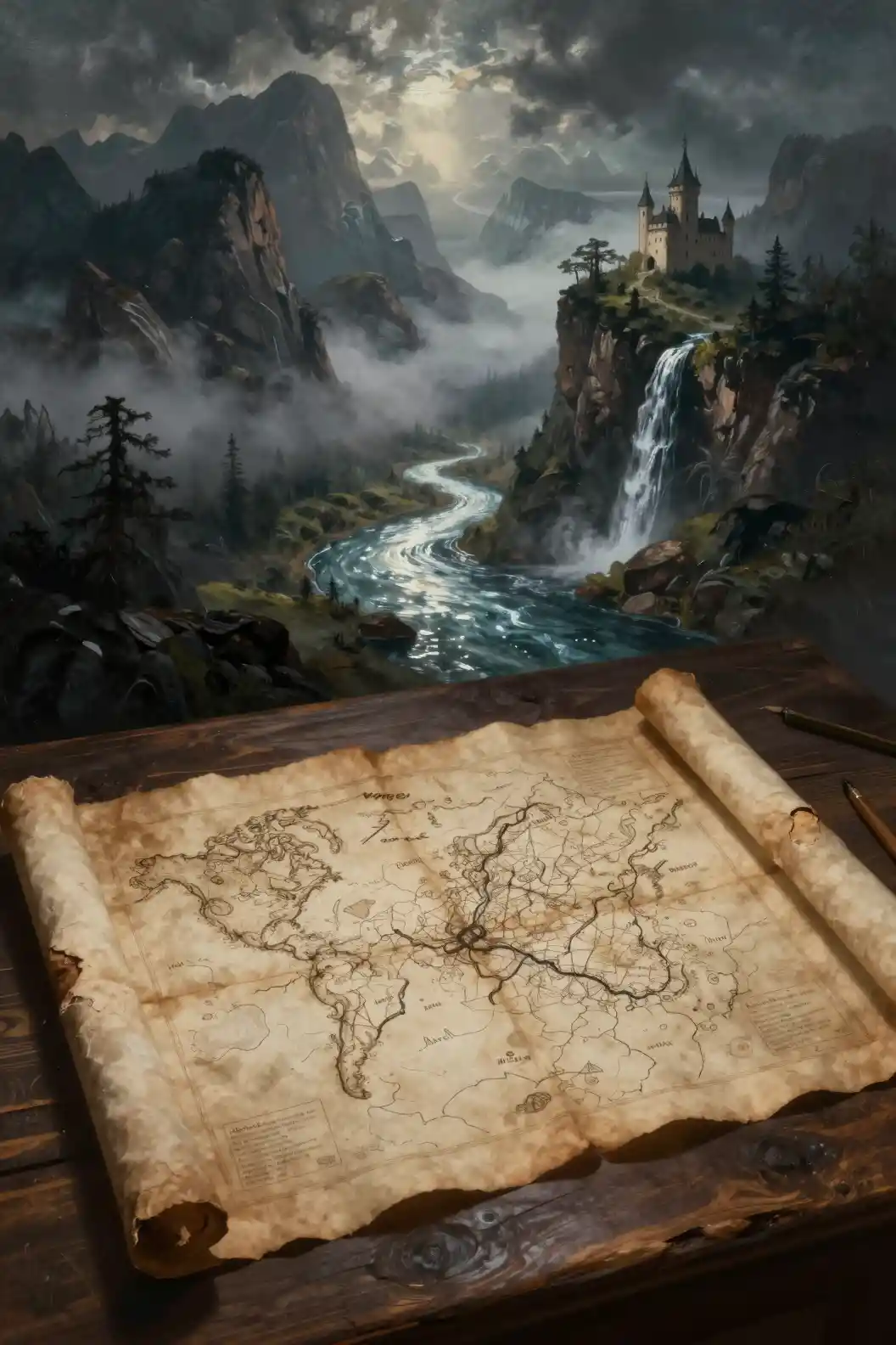 Ancient parchment map on dark wooden table with fantasy lands
