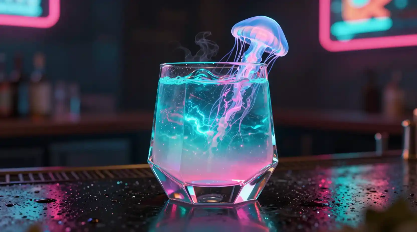 Futuristic neon cocktail in geometric glass on wet bar