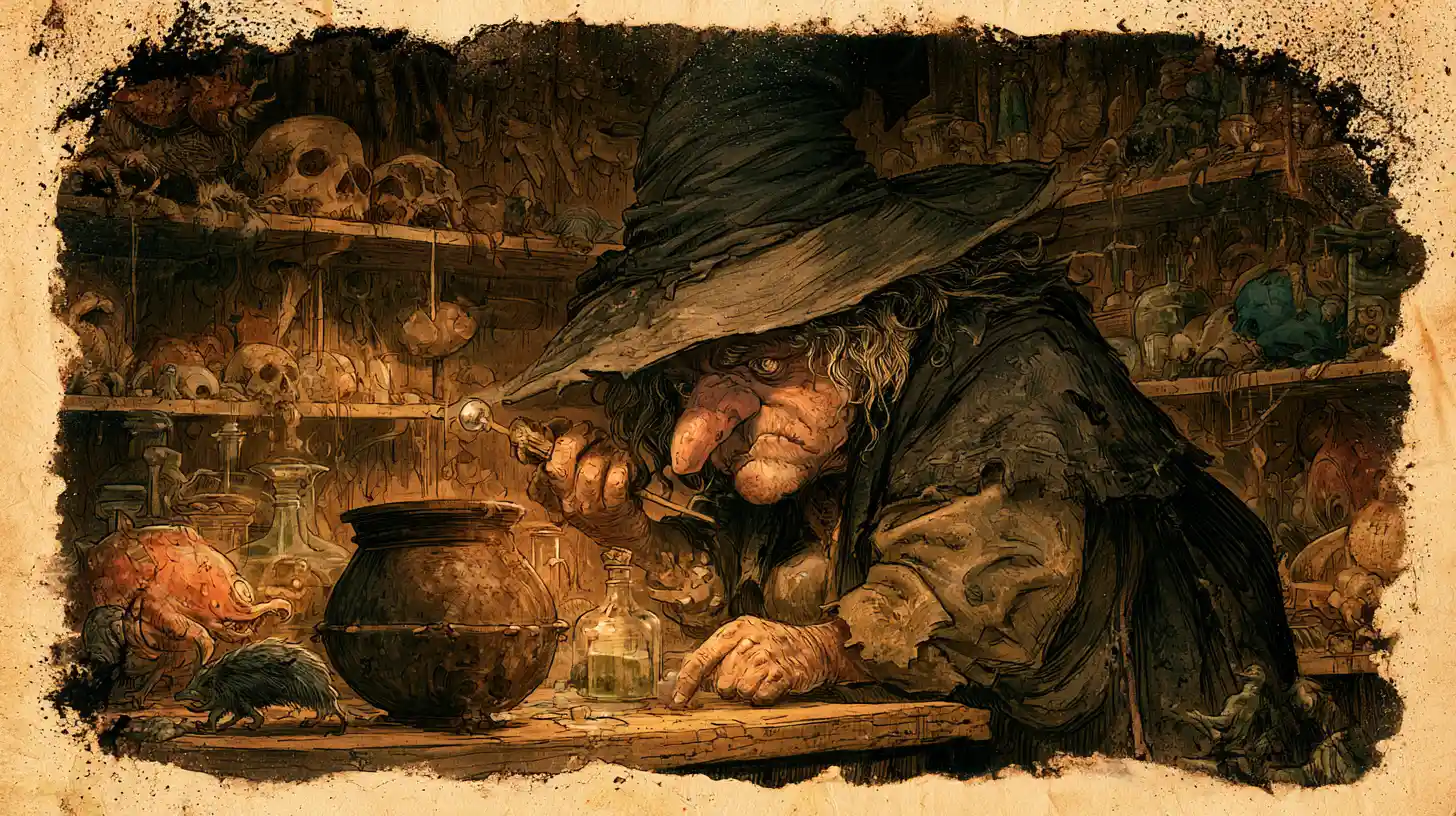Grotesque witch brewing a dark potion in her lair